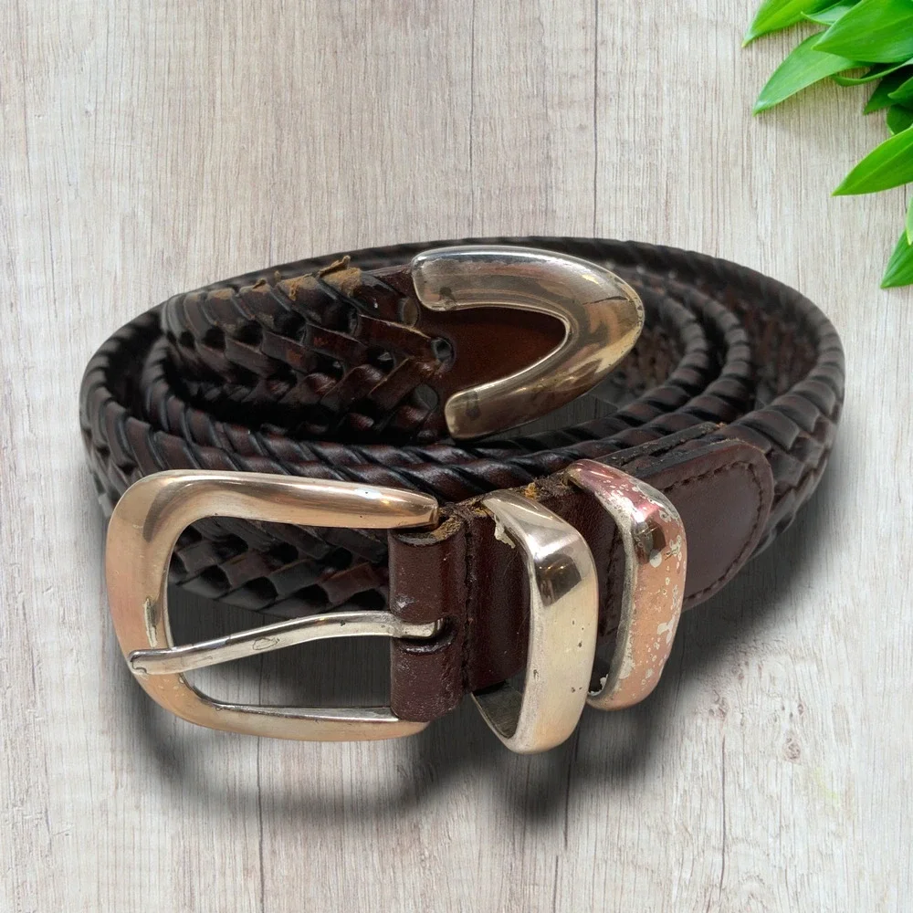 Fossil Sz 40 Dark Brown Woven Genuine Leather Dress Belt READ